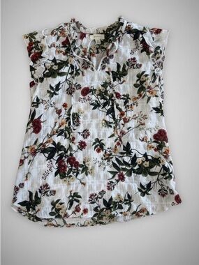 White Floral Cap-Sleeve V-Neck Blouse with Red & Green Print